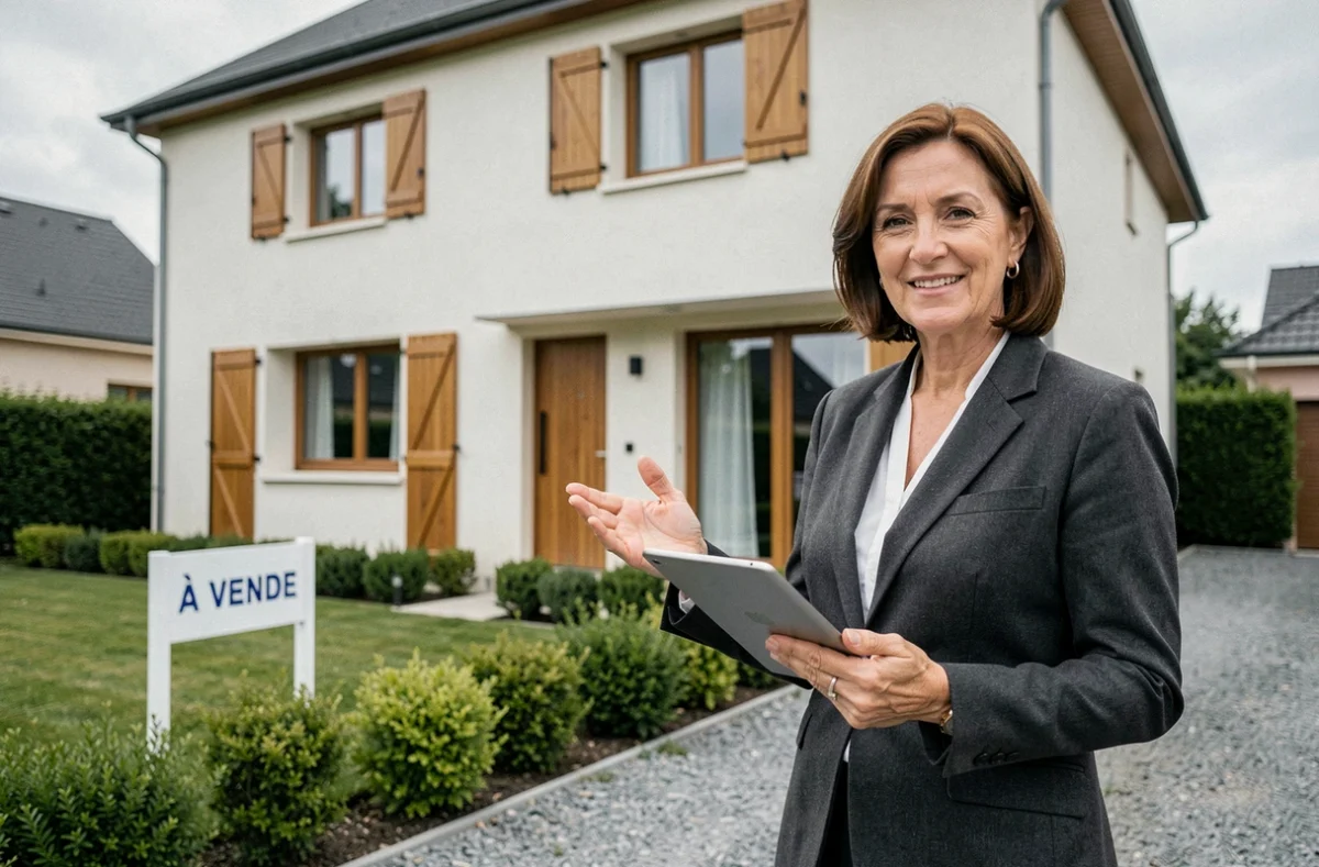 Agent immobilière présentant une maison contemporaine à vendre en zone pavillonnaire