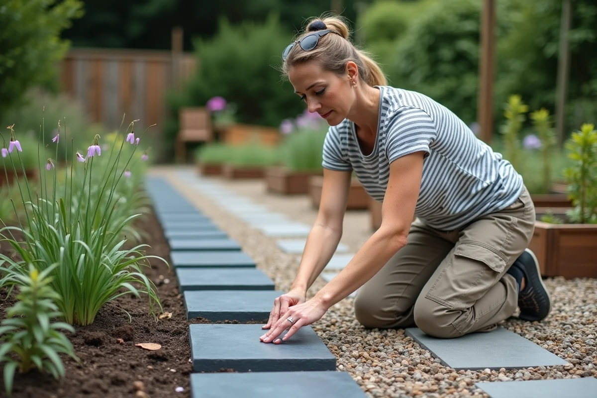 Femme alignant des piquets de schiste le long d'une allée de jardin potager structuré