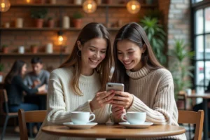Deux amies dans un café regardant ensemble une offre de parrainage Zalando Privé sur un smartphone