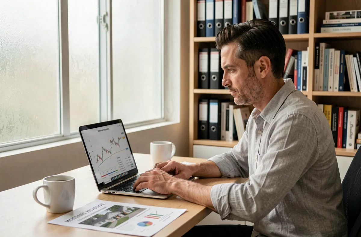 Homme analysant les tendances du marché immobilier sur ordinateur dans un bureau à domicile