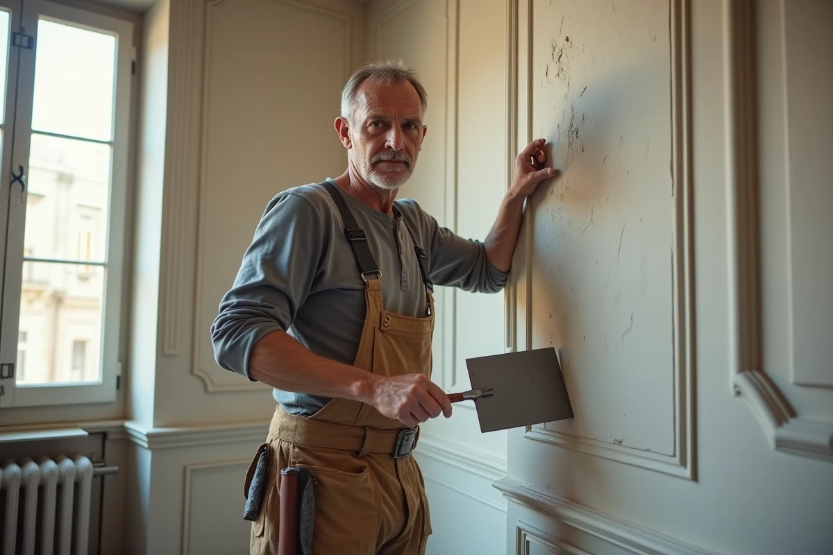 Artisan plâtrier appliquant un enduit décoratif sur un mur dans un appartement haussmannien avec parquet en point de Hongrie et moulures d'époque