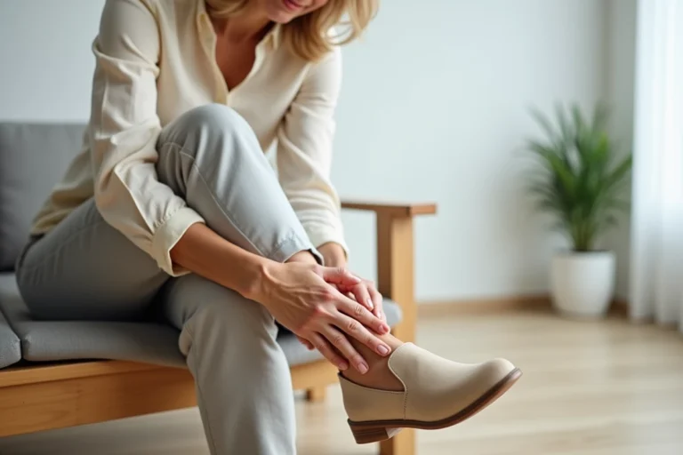 Femme d'âge mûr ajustant une chaussure orthopédique adaptée à l'hallux rigidus, assise sur un banc en bois dans une salle médicale