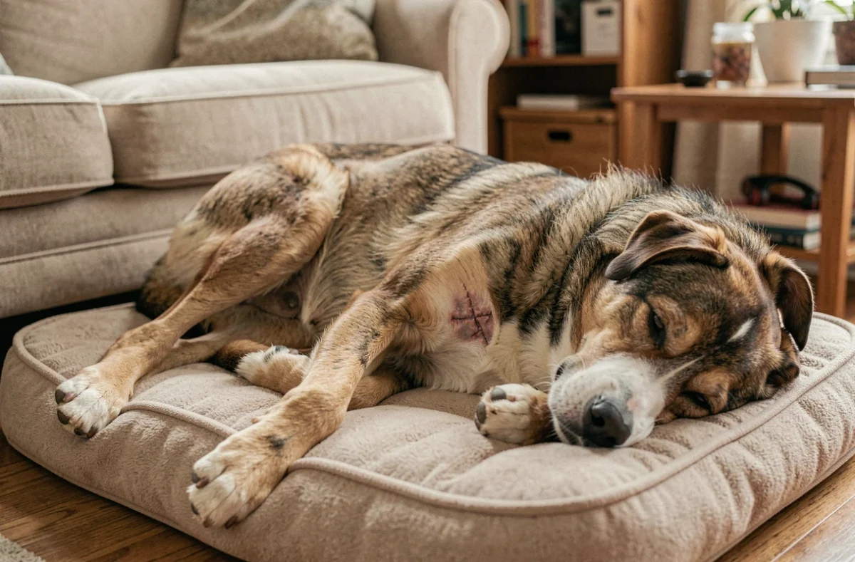 Chien en convalescence après une splénectomie montrant une cicatrice abdominale sur son coussin à la maison