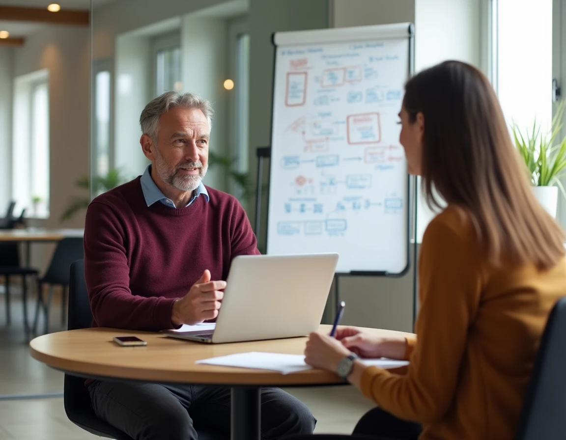 Dirigeant en séance de coaching de reconversion professionnelle, échangeant avec un consultant autour d'un plan de repositionnement