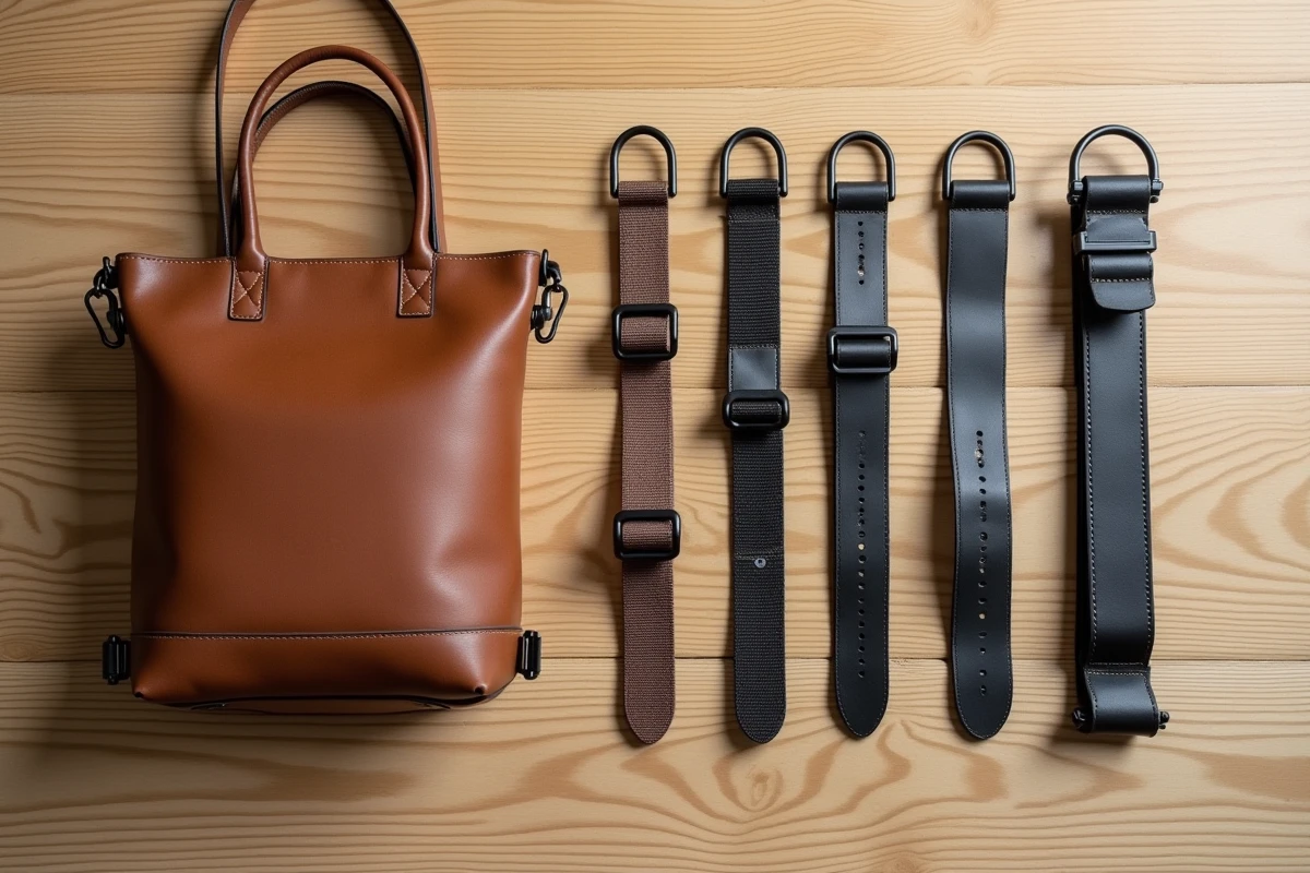 Présentation à plat de plusieurs bandoulières amovibles en cuir et nylon avec accessoires de fixation