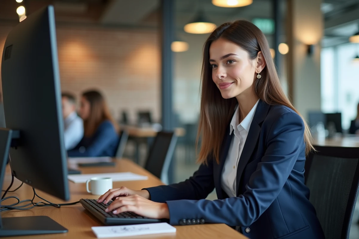 Jeune professionnelle créant un compte G Trouvé dans un espace de coworking moderne pour simplifier ses démarches en ligne