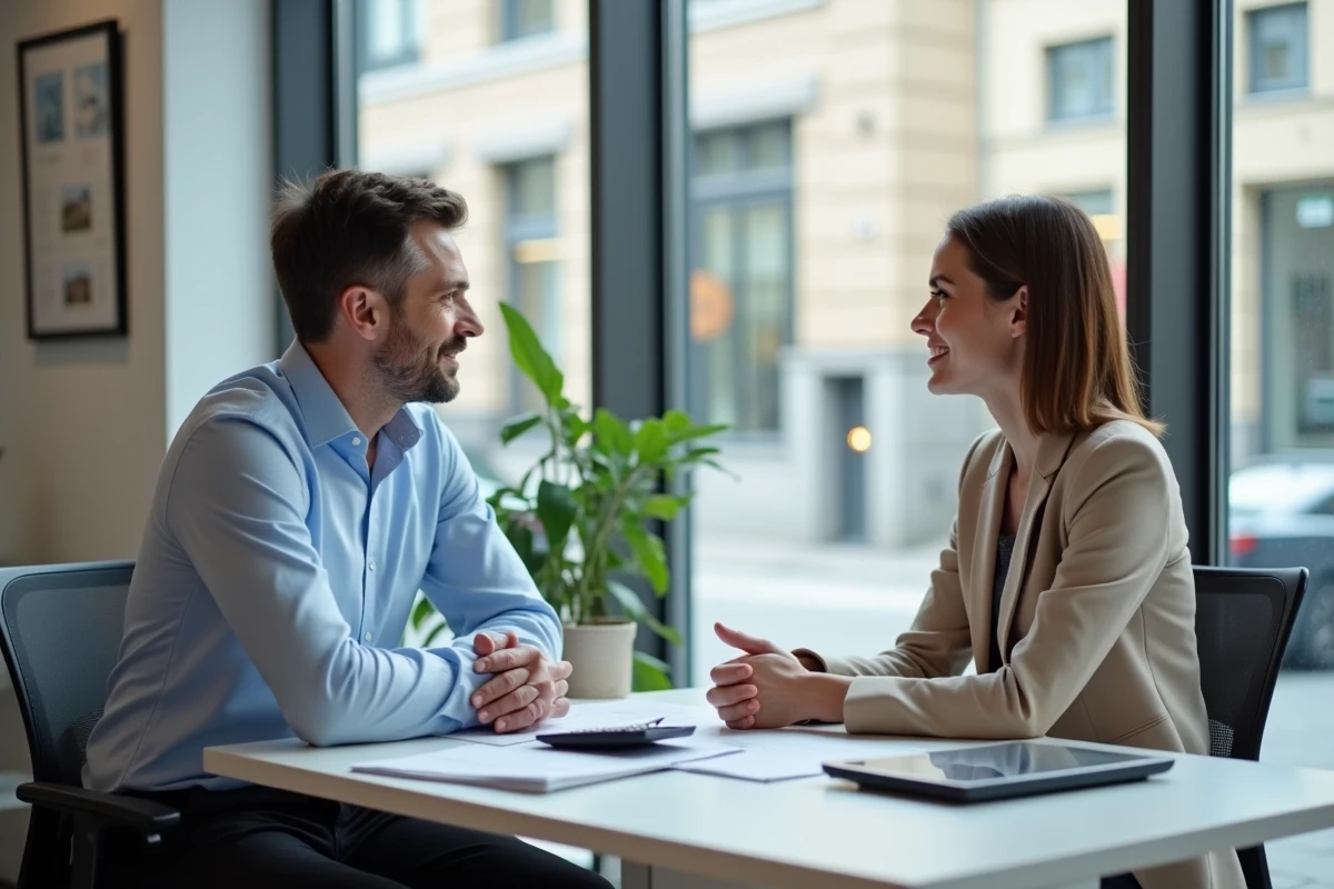 Conseiller immobilier présentant une simulation de prêt immobilier à une cliente en agence