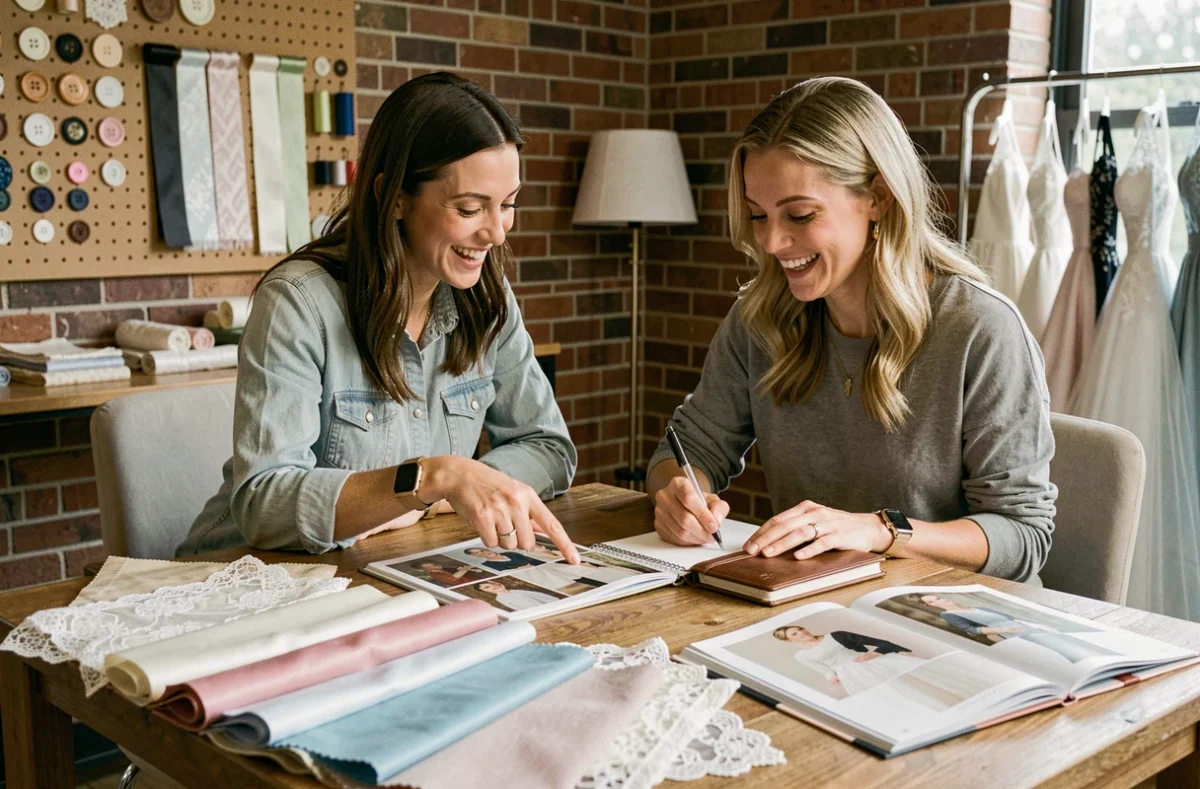 Styliste nuptiale et future mariée consultant des échantillons de tissu et un magazine de robes de mariée dans un atelier moderne