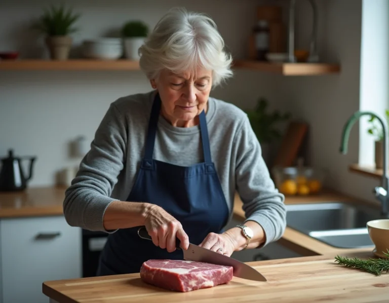 Femme coupant de la viande congelée avec un couteau de chef sur une planche en bois dans une cuisine moderne