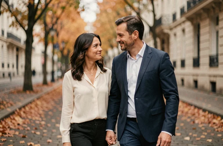 Couple élégant se promenant dans une rue parisienne en automne, ambiance intime et discrète