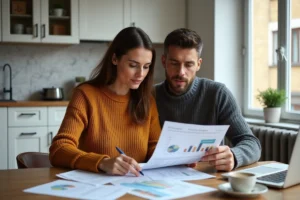 Couple examinant des documents de crédit immobilier à la table de leur cuisine moderne