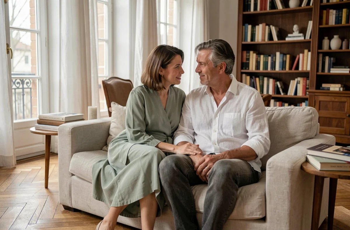 Couple complice en conversation intime dans un appartement parisien raffiné au décor élégant