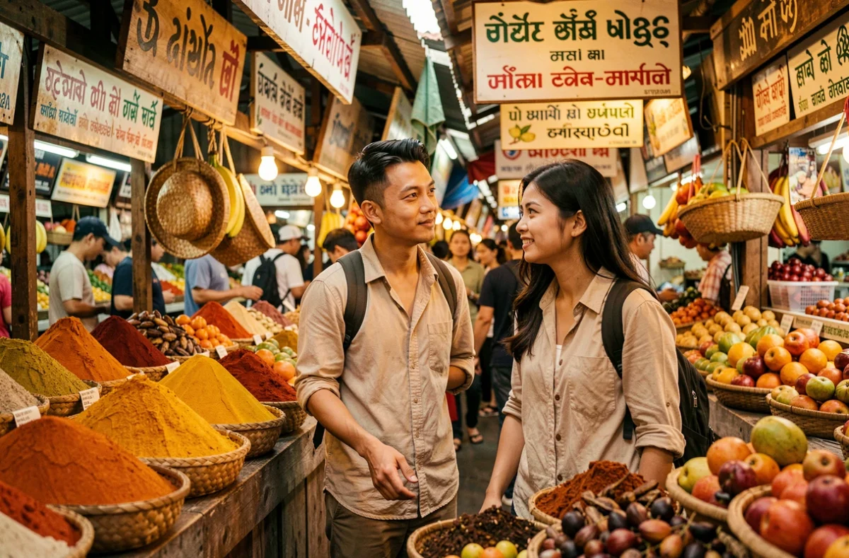 Couple de voyageurs explorant un marché en plein air coloré en Asie du Sud-Est avec des épices et des fruits exotiques