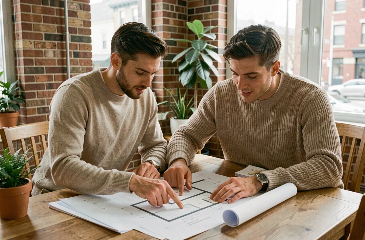 Couple étudiant des plans immobiliers et documents de projet dans un appartement moderne avec vue sur la ville