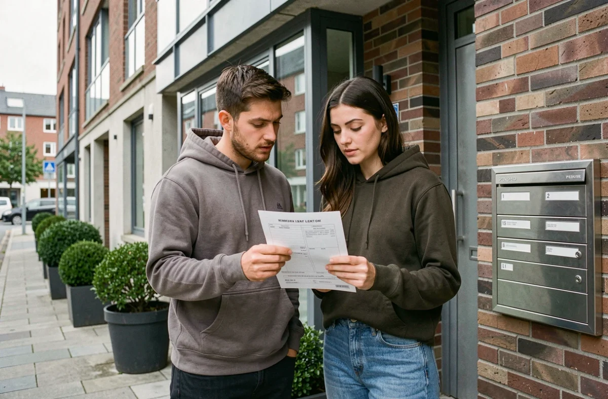 Couple consultant une annonce de location devant un immeuble résidentiel en ville