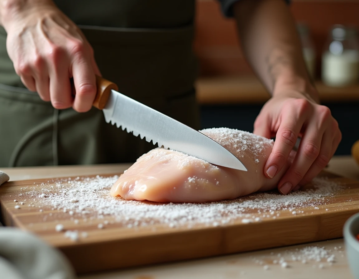 Gros plan de mains utilisant un couteau à pain dentelé pour couper un blanc de poulet congelé sur une planche en bambou