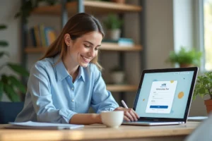 Femme créant un compte G Trouvé en ligne depuis son bureau à domicile sur un ordinateur portable