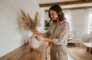 Femme arrangeant des herbes de pampa dans un vase en céramique sur un buffet en bois dans un salon scandinave épuré