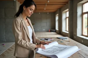 Designer d'intérieur étudiant des plans de rénovation dans un salon en cours de transformation avec parquet en chevrons et murs en béton brut