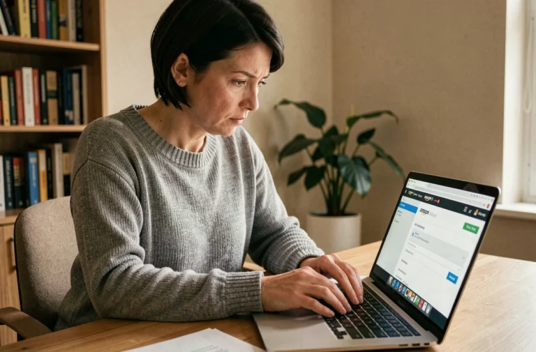 Femme consultant les paramètres de confidentialité de son compte Amazon sur un ordinateur portable dans un bureau à domicile