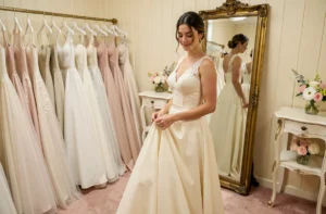 Mariée essayant une robe de mariée en dentelle ivoire devant un miroir dans une boutique de robes de mariée élégante