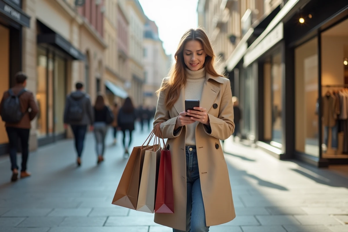 Jeune femme dans une rue commerçante découvrant ses avantages de parrainage Zalando Privé sur son téléphone