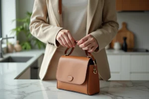 Femme détachant la bandoulière amovible d'un sac à main en cuir structuré posé sur un comptoir en marbre
