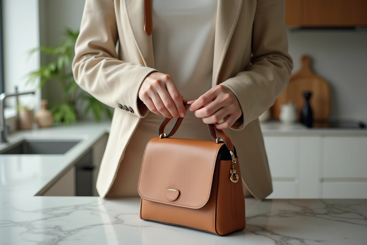 Femme détachant la bandoulière amovible d'un sac à main en cuir structuré posé sur un comptoir en marbre