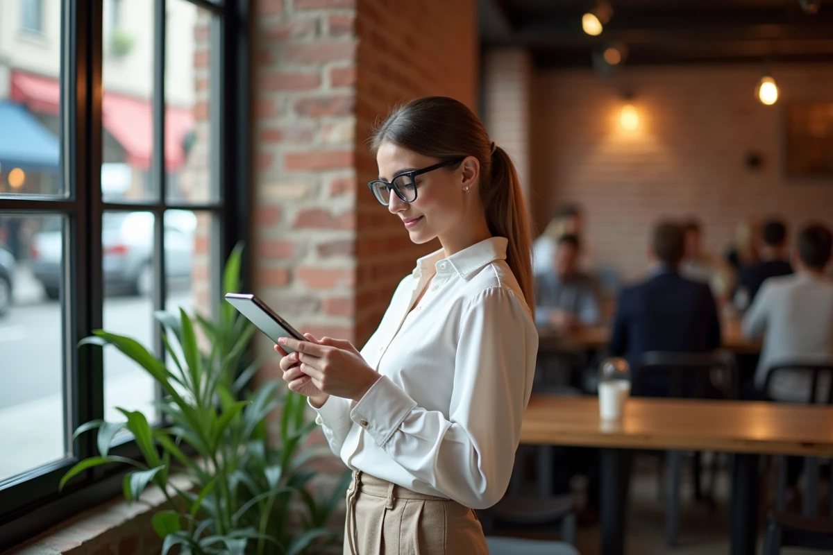 Femme souriante utilisant une tablette dans un café cosy