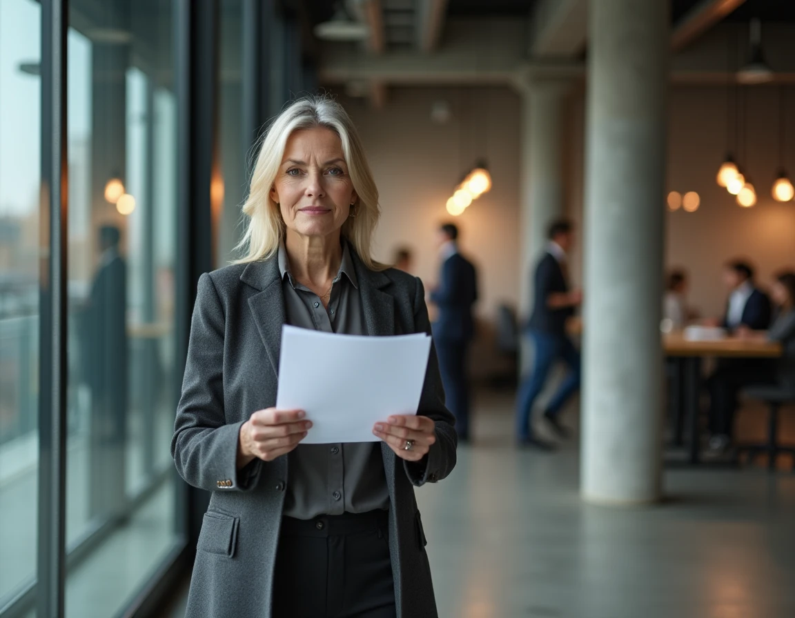 Femme dirigeante en reconversion professionnelle debout dans un espace de coworking moderne, consultant des documents stratégiques