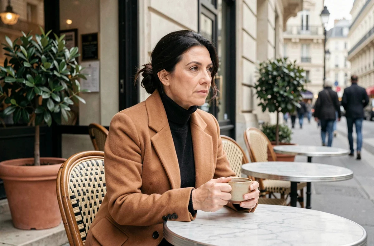 Femme élégante assise seule en terrasse de café parisien, regard pensif et atmosphère romantique