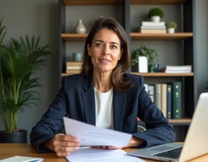 Femme entrepreneure concentrée révisant des documents professionnels dans son bureau à domicile