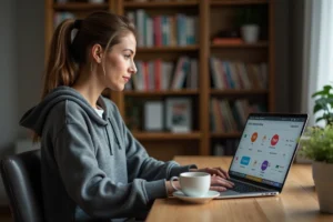 Femme consultant un guide en ligne pour choisir son sport idéal sur un ordinateur portable dans un bureau à domicile