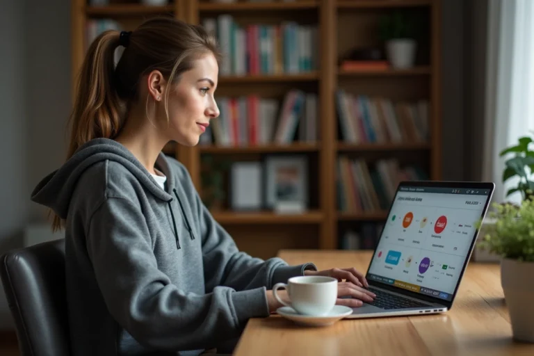 Femme consultant un guide en ligne pour choisir son sport idéal sur un ordinateur portable dans un bureau à domicile