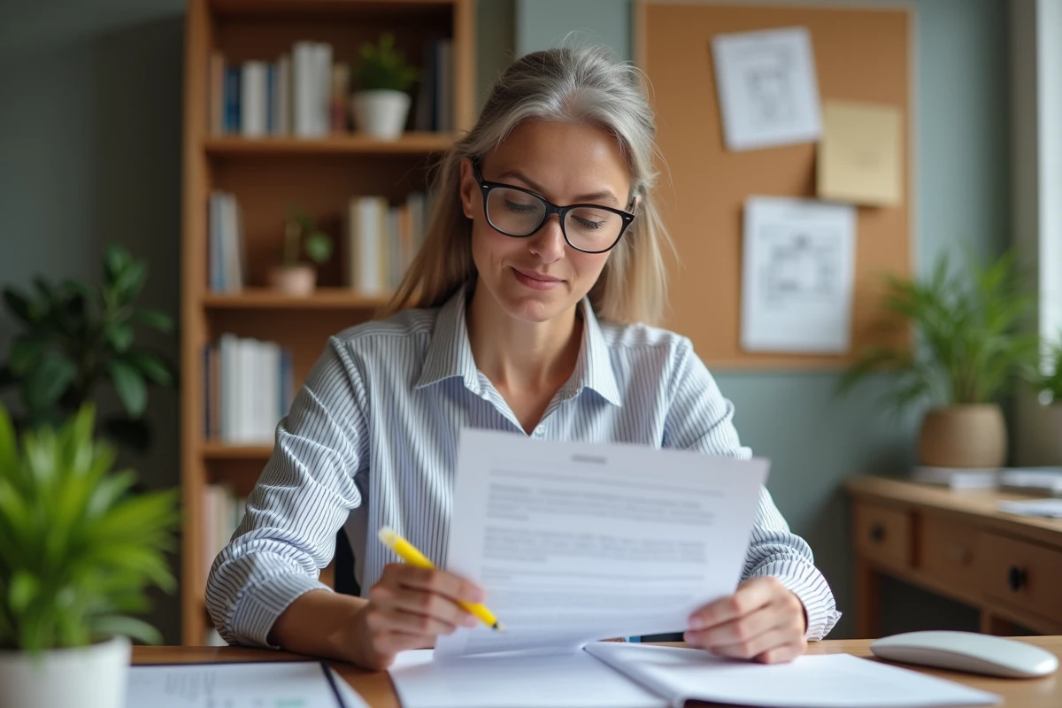 Femme lisant attentivement un contrat de prêt immobilier dans son bureau à domicile