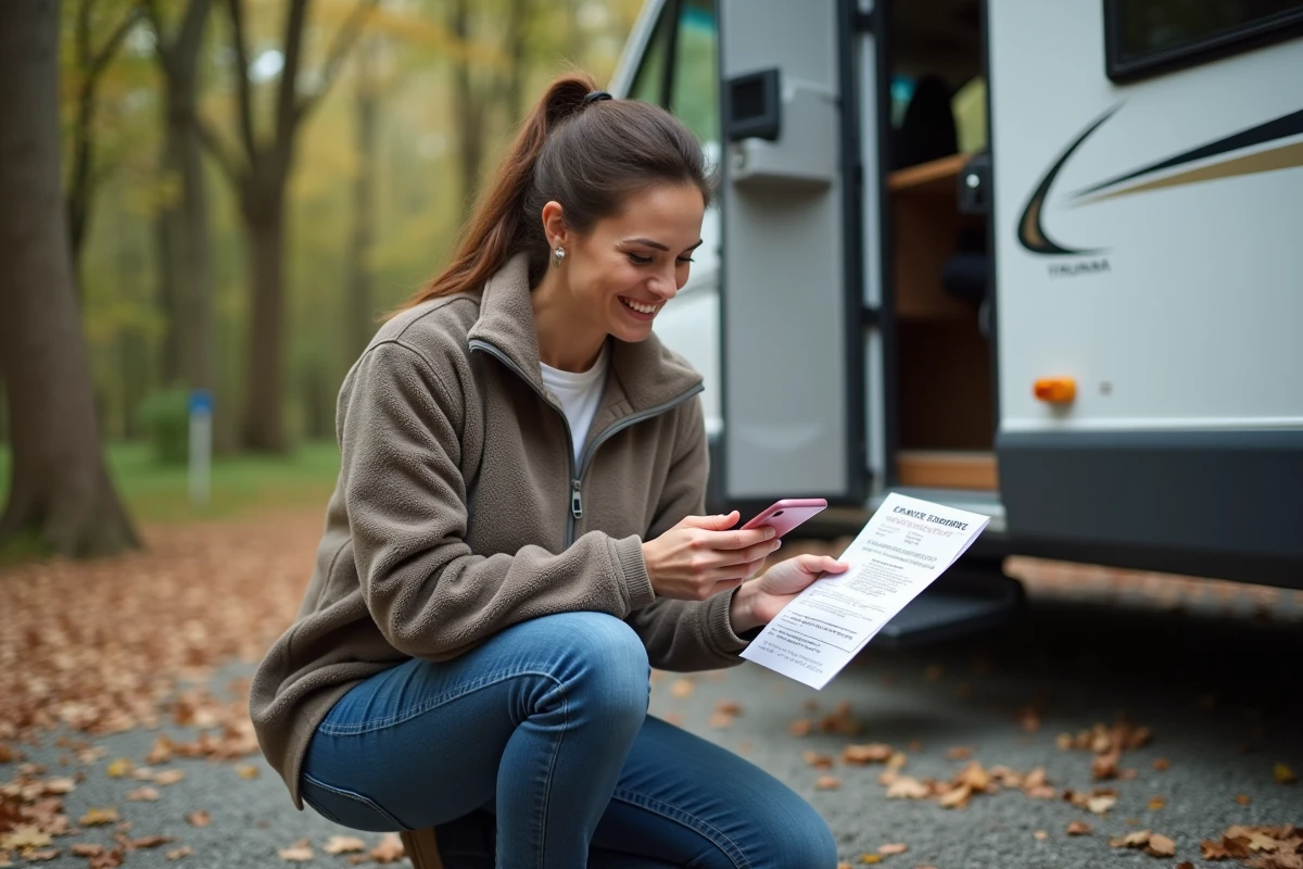 Femme consultant une liste de codes erreur Truma à l'extérieur d'un camping-car en pleine nature