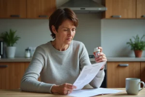 Femme d'âge mûr lisant la notice d'un médicament prescrit comme le Stresam, assise dans une cuisine calme