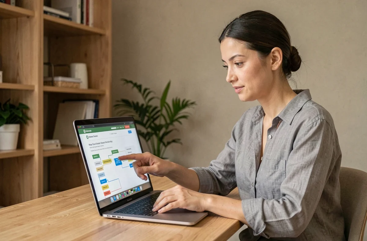 Femme naviguant sur le plan du site Marie Carotte depuis son bureau à domicile