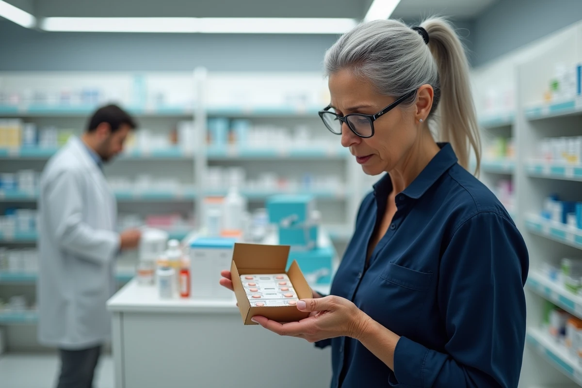 Femme en pharmacie examinant une boîte de médicament lié à la gestion du stress et du poids