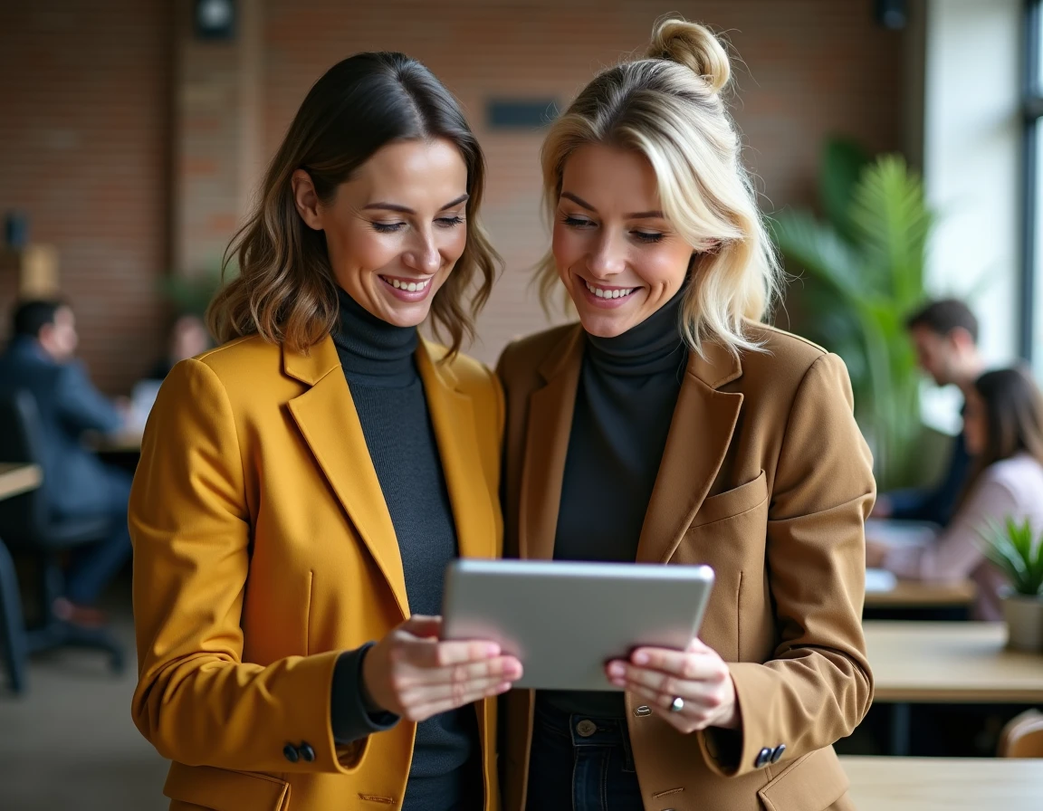 Deux femmes entrepreneures collaborant sur un projet dans un espace de coworking moderne