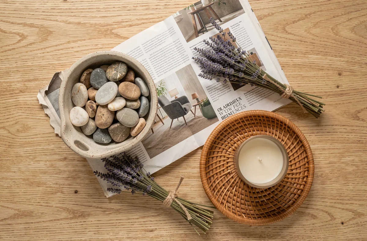 Vue de dessus d'une table basse décorée avec un bol en grès, lavande séchée, magazine et plateau en rotin dans un intérieur chaleureux