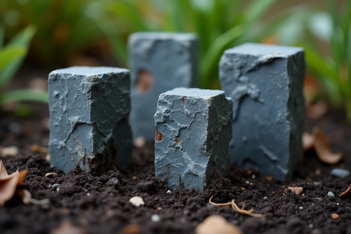 Gros plan sur des piquets de schiste plantés dans la terre du jardin montrant la texture naturelle de la pierre