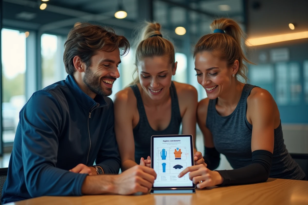 Groupe d'adultes comparant différentes disciplines sportives sur une tablette dans un complexe sportif