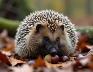 Hérisson européen en boule défensive sur un tapis de feuilles mortes, épines hérissées en posture de menace