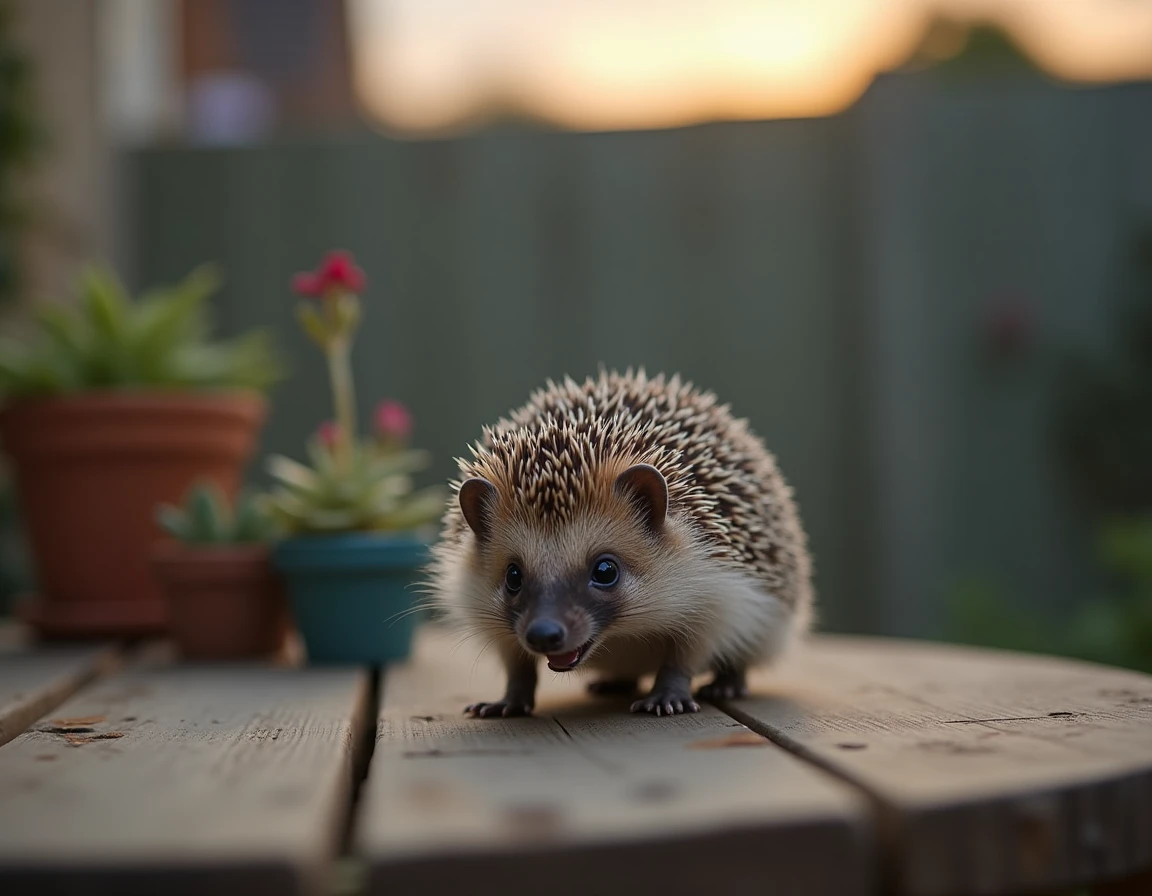 Hérisson debout sur une table en bois, bouche ouverte en train de souffler en signe de menace dans un jardin