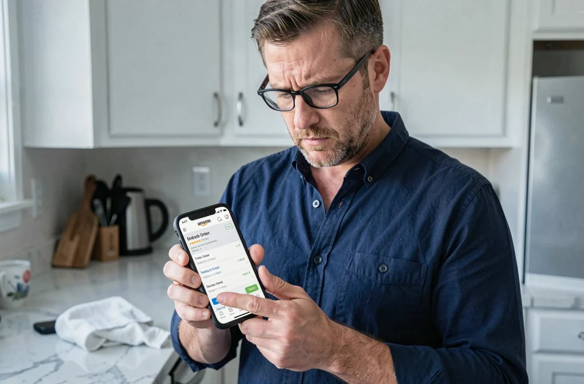 Homme consultant l'historique de commandes Amazon sur son smartphone dans une cuisine moderne