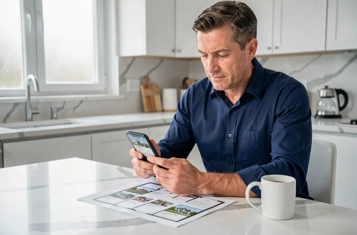 Homme consultant une application de location immobilière sur smartphone avec un plan d'appartement sur la table