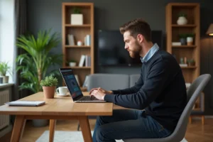 Homme concentré sur son ordinateur dans un salon moderne