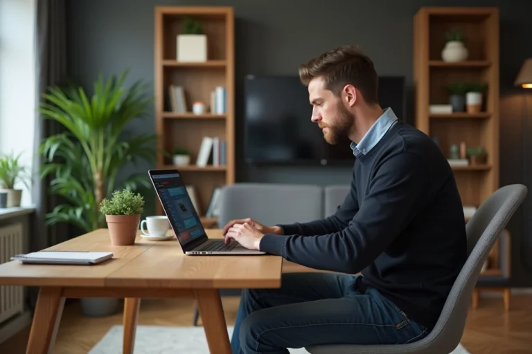Homme concentré sur son ordinateur dans un salon moderne