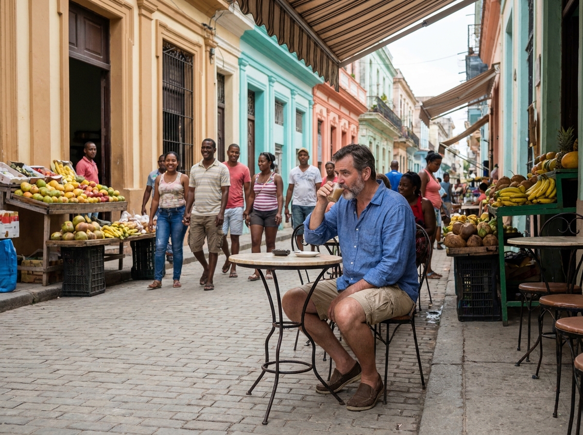 Homme assis à un café dans un marché coloré des caraibes
